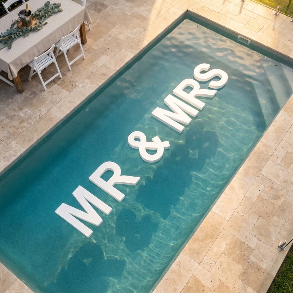Aerial view of Mr and Mrs pool letters with eucalyptus dining table