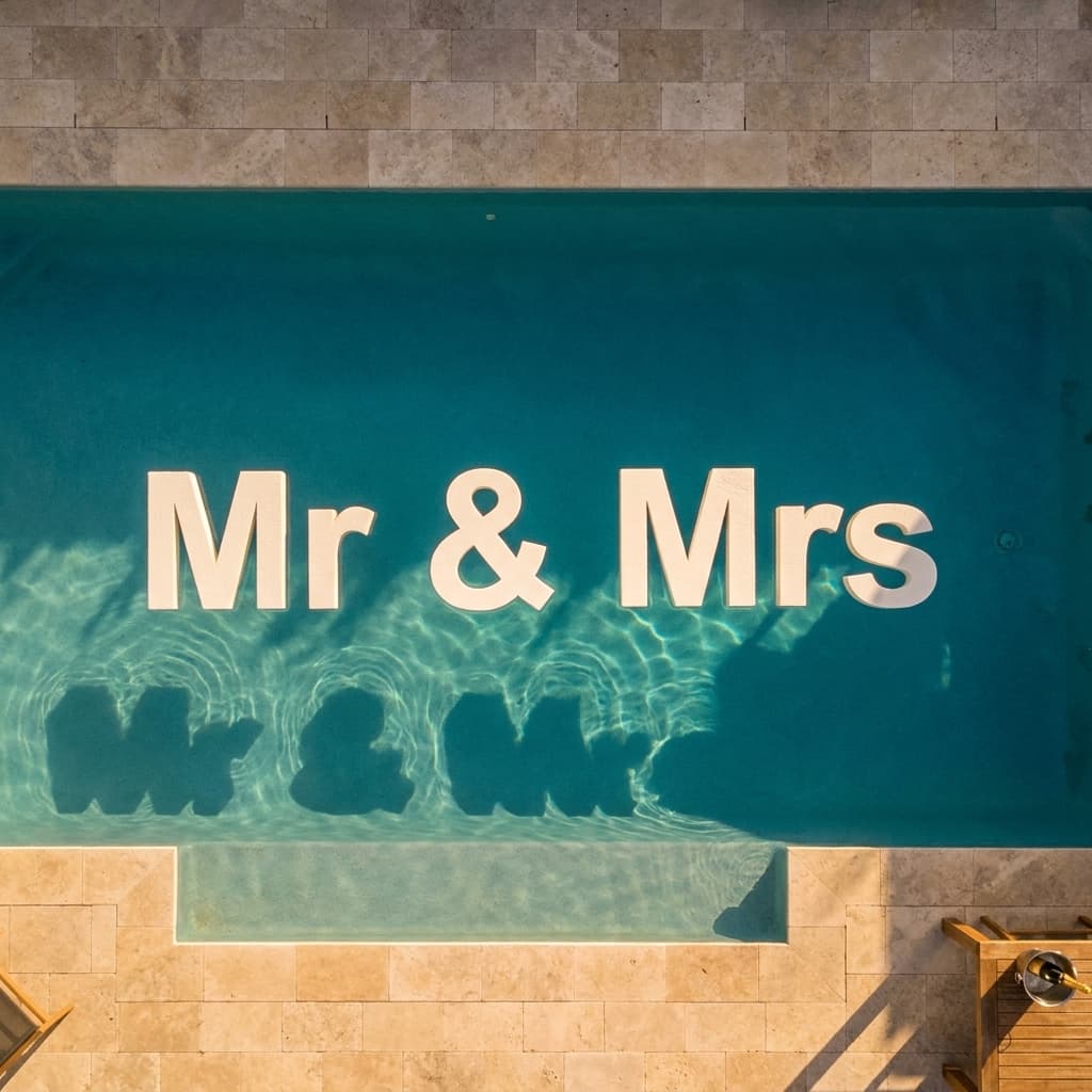 Lowercase Mr and Mrs floating pool letters in aerial view at intimate wedding