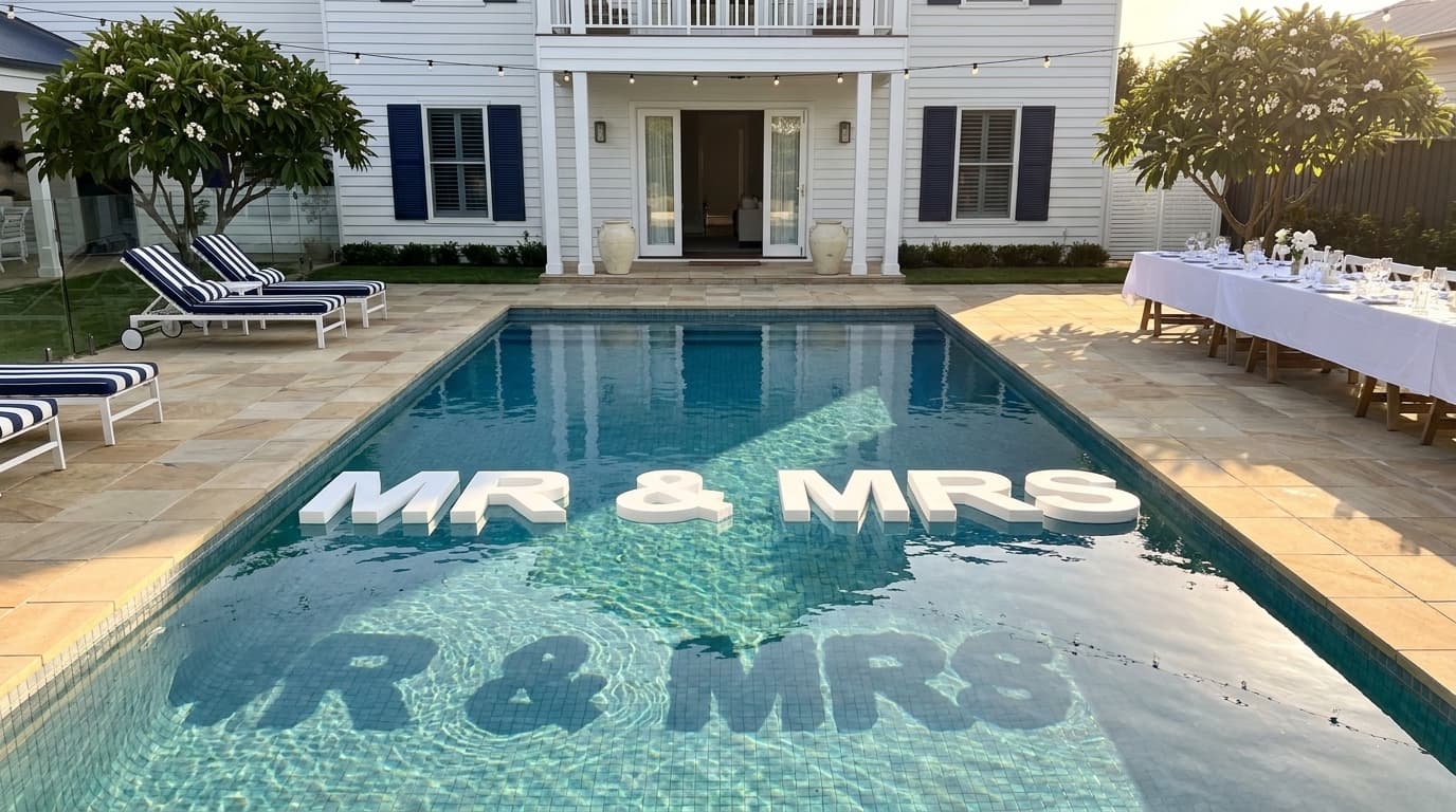 Mr and Mrs uppercase floating pool letters at backyard wedding ceremony with floral arch and guests in Australia