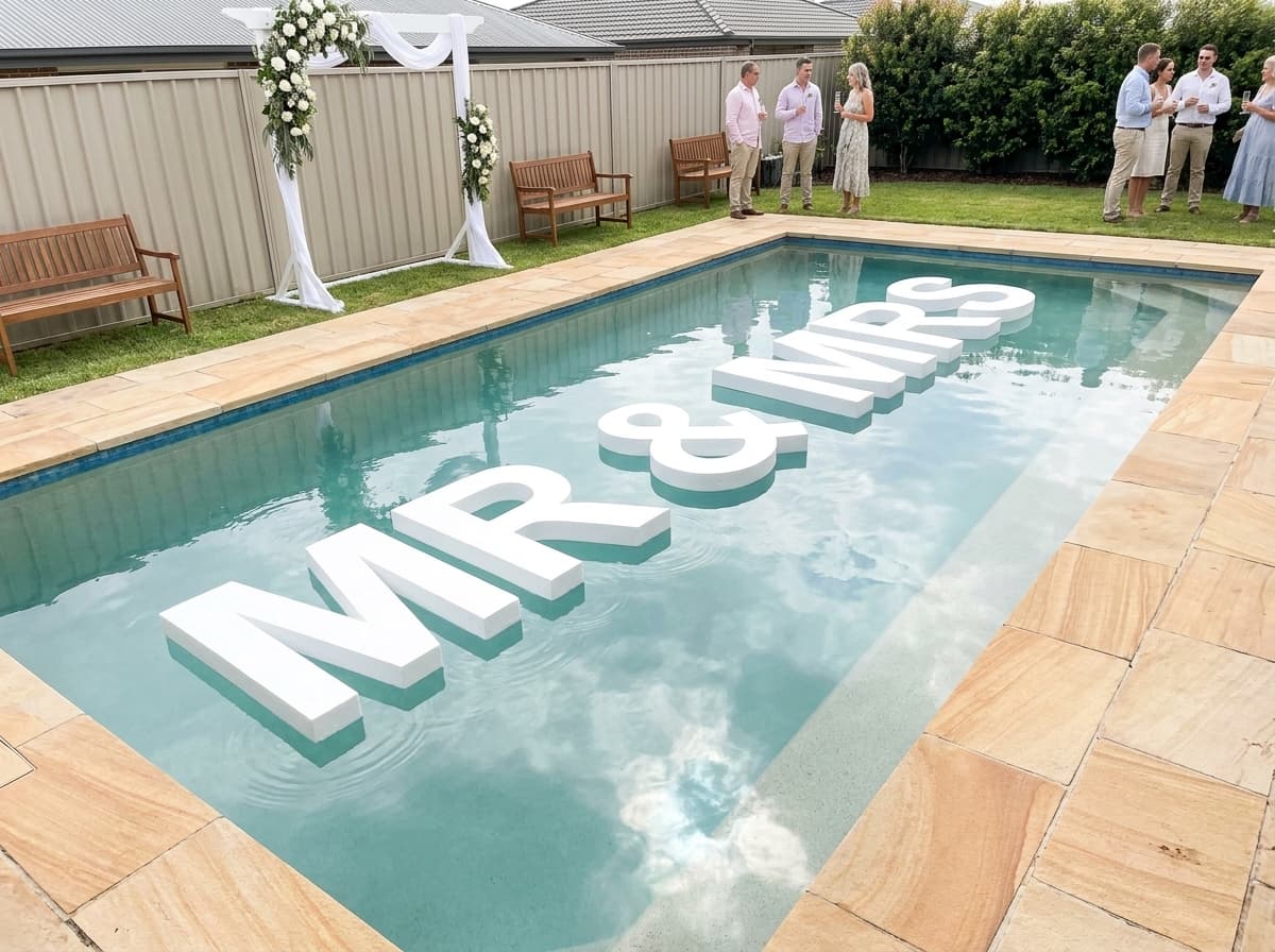 Mr and Mrs uppercase pool letters at beach house wedding with formal dining setup