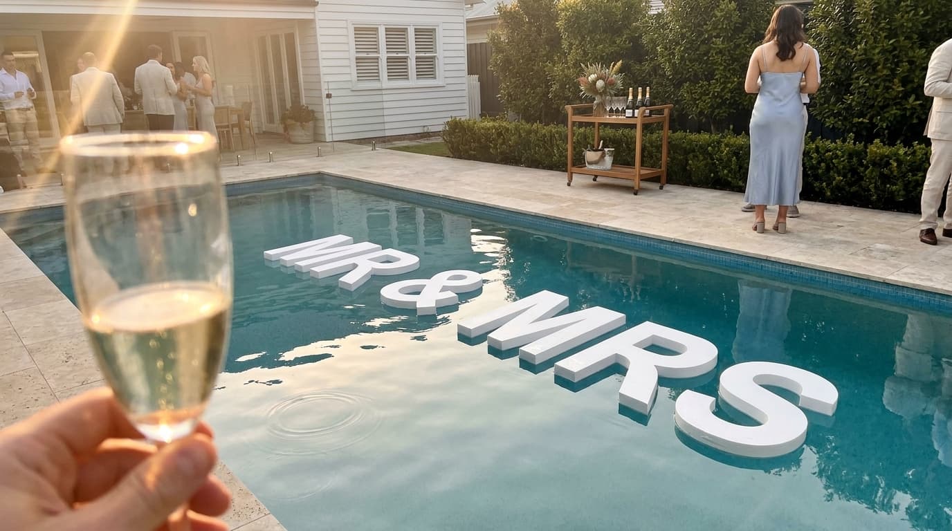 Mr and Mrs uppercase pool letters at golden hour with champagne toast