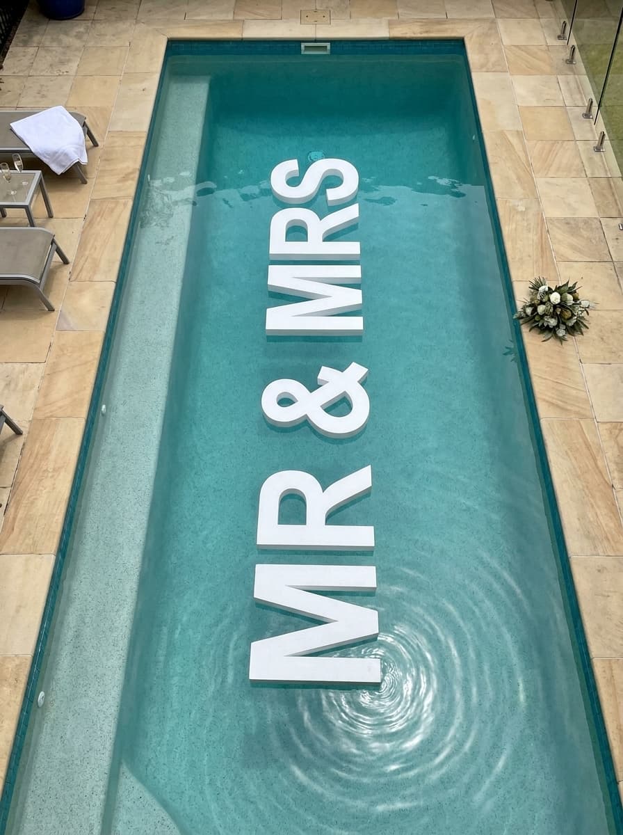 Mr and Mrs pool letters from above with bridal bouquet beside the pool