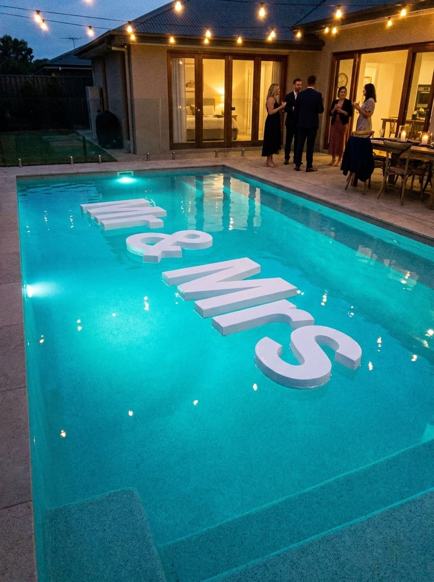 Mr and Mrs floating pool letters at twilight evening reception with string lights